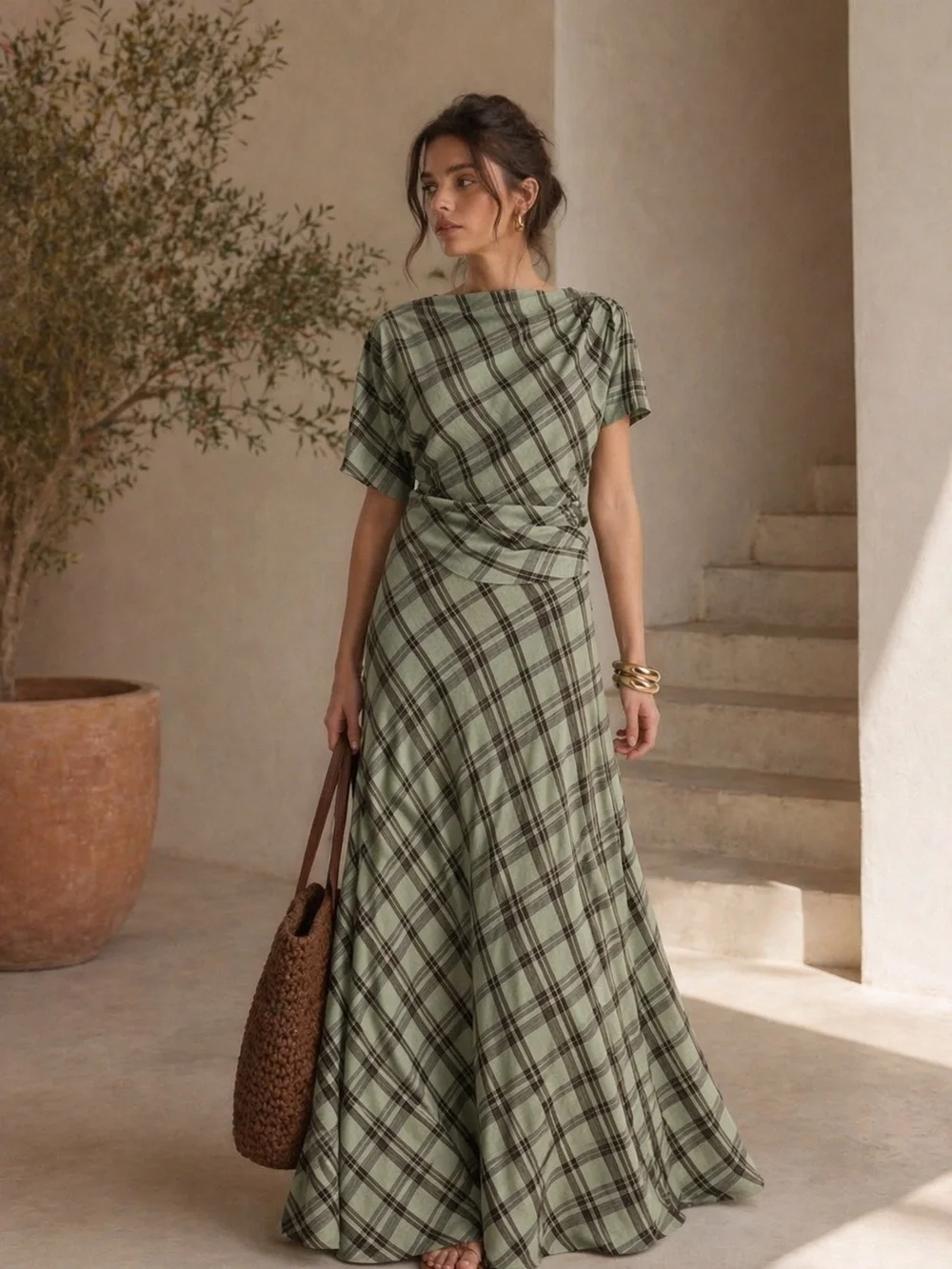 Plaid Maxi Skirt & Draped Top Matching Set – Sage Green Brown Check